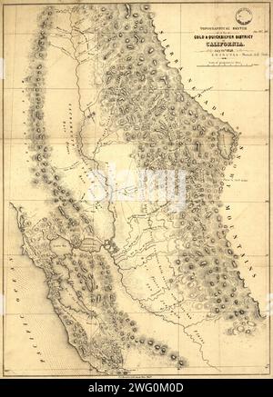 Topographical sketch of the gold &amp; quicksilver district of California, 1848. Published in July 1848 after the first gold strikes at Sutter's Mill on the American River in northern California, this map shows the location of key gold and quicksilver (mercury, in the form of cinnabar) deposits in the territory of California. Soon after the find, prospectors began streaming into California in enormous numbers, and demand was high for geographic knowledge of the region, especially as it related to previous strikes. The map displays the basic topography of California by showing mountains, rivers Stock Photo