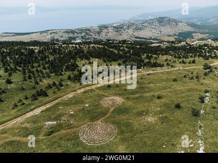 Celestial Labyrinths stone mazes high in mountains above Novi Vinodolski aerial view, tourist attraction in Kvarner region of Croatia Stock Photo