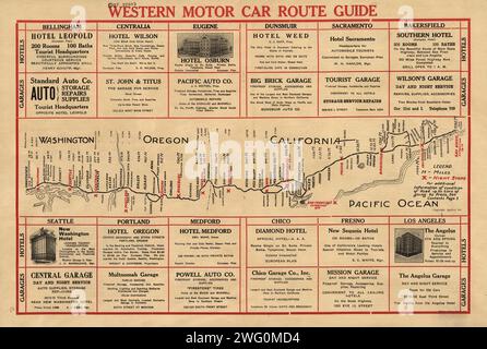 Western motor car route guide, (1915?). This automobile guide shows the main highway route between Vancouver, Canada, and San Diego, California, circa 1915. The map lists the distance in miles from Vancouver to cities along the way, and highlights in red lettering the major intermediate stops, such as Seattle, Portland, San Francisco (Oakland), Bakersfield, and Los Angeles. Major civic expositions occurring in San Francisco and San Diego in 1915, which stimulated significant motor travel that year, are noted in red as well. Parts of the route include the Pacific Highway as well as follow segme Stock Photo