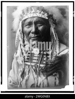 Ghost Bear, Crow Indian, Montana, head-and-shoulders portrait, facing front, feather headdress, beaded buckskin shirt, bead choker with shell concho, large medal on strand of metal beads, c1908. Stock Photo