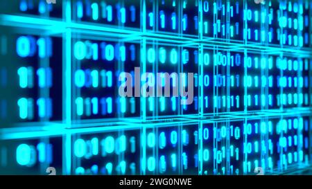Close-up data blocks, binary code, zero and one in blue. Close-up digital data, with binary code illuminated in blue. Big data, zero and one, sequence Stock Photo