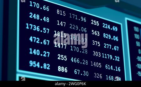 Close-up numbers, HUD display. Futuristic HUD display. Different numbers in a row. Interface, control desk, science lab. Abstract technology concept. Stock Photo