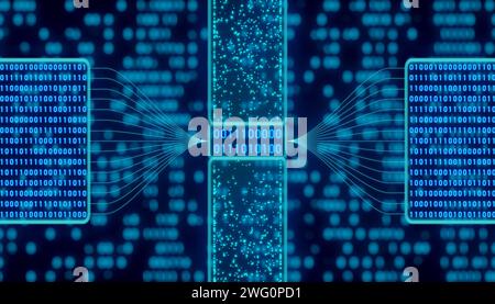 Abstract screen with binary code. Digital screen with blue illuminated binary code. Abstract futuristic concept, algorithm, script, program, software, Stock Photo