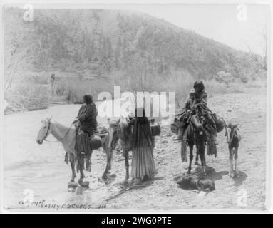 At the ford, c1903. Three Apaches, one with a child, with horses laden with water jugs, a colt, and a dog stopped beside a stream. Stock Photo