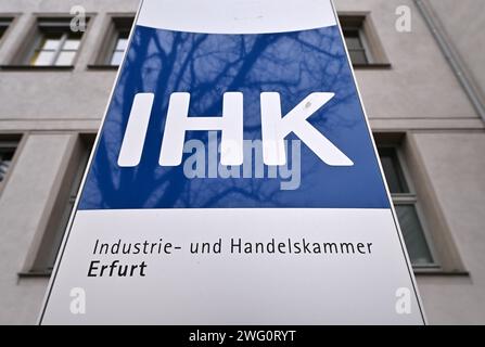 Erfurt, Germany. 02nd Feb, 2024. "IHK" is written on the sign in front of the Erfurt Chamber of Industry and Commerce. The IHK has a gloomy outlook for all sectors in the Free State. The latest economic survey confirms a continued downturn in all sectors of the economy, according to the Chamber. Credit: Martin Schutt/dpa/Alamy Live News Stock Photo