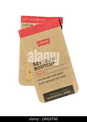 Levi's 527 Slim Bootcut stretch jeans by Levi Strauss paper label tag isolated on white Stock Photo