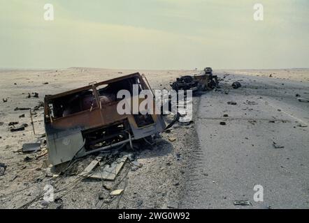 5th March 1991 The cabin of an Iraqi TECTRAN VBT-2028 6x6 truck is the only recognisable part of an Avibrás ASTROS-II SS-30 multiple rocket system after being destroyed by USAF fighter jets. Stock Photo