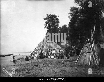 Circum-Baikal trade route: Fishermen's camp, end of 19th century. From a collection of 71 items (photographs and negatives on glass) made in the late 19th century and early 20th century by the famous revolutionary-populist and social and political activist N.A. Charushin (1851-1937) and by N. Petrov. Charushin began serving a hard labor sentence in the Transbaikal Territory in 1878. The collection illustrates aspects of Transbaikal history in this period, with a particular emphasis on the tea trade with China, which at that time was one of the main branches of the economy of the region. The ph Stock Photo