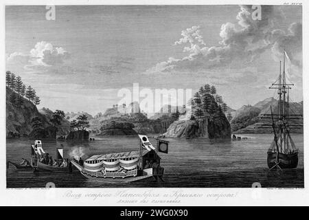 View of Papenberkh Island and Rat's Island, 1813. In 1803-06, Captain I. F. Kruzenshtern became the first Russian to circumnavigate the globe. This atlas, published by the Russian Academy of Sciences in 1813, includes maps of Kruzenshtern's route and 109 plates based upon the drawings of V. G. Tilesius, a doctor, naturalist, and the official artist of the expedition. It is one of the largest publications of engravings from tsarist Russia. The subjects depicted include views of Sakhalin, Kamchatka, and the Kurile Islands; representations of Siberian natives and other peoples encountered during Stock Photo