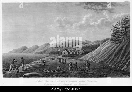 View of Nadezhda Bay in the Northern Part of Sakhalin Island, 1813. In 1803-06, Captain I. F. Kruzenshtern became the first Russian to circumnavigate the globe. This atlas, published by the Russian Academy of Sciences in 1813, includes maps of Kruzenshtern's route and 109 plates based upon the drawings of V. G. Tilesius, a doctor, naturalist, and the official artist of the expedition. It is one of the largest publications of engravings from tsarist Russia. The subjects depicted include views of Sakhalin, Kamchatka, and the Kurile Islands; representations of Siberian natives and other peoples e Stock Photo