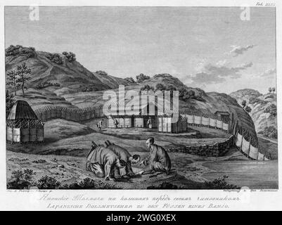 Japanese Interpreters Kneeling in Front of Their Chief, 1813. In 1803-06, Captain I. F. Kruzenshtern became the first Russian to circumnavigate the globe. This atlas, published by the Russian Academy of Sciences in 1813, includes maps of Kruzenshtern's route and 109 plates based upon the drawings of V. G. Tilesius, a doctor, naturalist, and the official artist of the expedition. It is one of the largest publications of engravings from tsarist Russia. The subjects depicted include views of Sakhalin, Kamchatka, and the Kurile Islands; representations of Siberian natives and other peoples encount Stock Photo