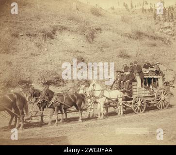 A historic photograph of the Deadwood Coach, a horse-drawn stagecoach ...