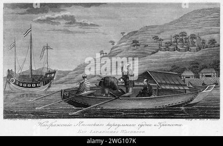 IIllustration of a Japanese Sentry Vessel and Fortress, 1813. In 1803-06, Captain I. F. Kruzenshtern became the first Russian to circumnavigate the globe. This atlas, published by the Russian Academy of Sciences in 1813, includes maps of Kruzenshtern's route and 109 plates based upon the drawings of V. G. Tilesius, a doctor, naturalist, and the official artist of the expedition. It is one of the largest publications of engravings from tsarist Russia. The subjects depicted include views of Sakhalin, Kamchatka, and the Kurile Islands; representations of Siberian natives and other peoples encount Stock Photo