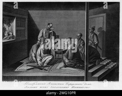 Illustration of a Japanese Sentry House, 1813. In 1803-06, Captain I. F. Kruzenshtern became the first Russian to circumnavigate the globe. This atlas, published by the Russian Academy of Sciences in 1813, includes maps of Kruzenshtern's route and 109 plates based upon the drawings of V. G. Tilesius, a doctor, naturalist, and the official artist of the expedition. It is one of the largest publications of engravings from tsarist Russia. The subjects depicted include views of Sakhalin, Kamchatka, and the Kurile Islands; representations of Siberian natives and other peoples encountered during the Stock Photo