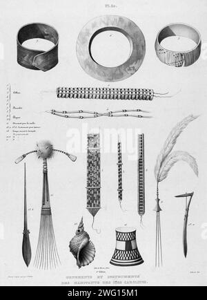 Ornaments and instruments of the inhabitants of the Caroline Islands, 19th century. One of 65 lithographs that were included in the volume of maps published after the round-the-world voyage of the corvette Seniavin commissioned by Tsar Nicholas I and carried out in 1826-29 under the command of Captain Fedor Litke (the Russian version of the name of Count Friedrich Lu&#xa8;tke, a Baltic German). The expedition began in Kronstadt (the main imperial Russian naval base near Saint Petersburg where Russian circumnavigations typically began and ended); it then traveled around Cape Horn to the Pacific Stock Photo