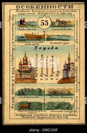 Astrakhan Province, 1856. This card is one of a souvenir set of 82 illustrated cards-one for each province of the Russian Empire as it existed in 1856. Each card presents an overview of a particular province's culture, history, economy, and geography. The front of the card depicts such distinguishing features as rivers, mountains, major cities, and chief industries. The back of each card contains a map of the province, the provincial seal, information about the population, and the local costume of the inhabitants. National Library of Russia Stock Photo