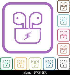 Charging wireless earphones outline simple icons in color rounded square frames on white background Stock Vector
