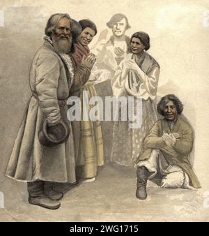 A group of men - Siberian peasants and gypsies, 2nd half of 19th century. From a collection of 239 drawings and illustrations which include drawings of artifacts from archaeological finds in the territory of West Siberia, sketches of nature, people, and cities, a few maps, and several satirical albums with caricatures and humorous sketches of everyday life of the people. Together, the illustrations in the collection give a portrait of the people of and physical conditions in West Siberia in the second half of the 19th century.  Tobolsk Museum of History, Architecture, and Preservation Stock Photo