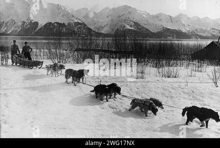 Dog team, between c1900 and c1930. Dog team pulling a sled through a snow-covered field, with two men with snow shoes posed behind; snow-covered mountains and placid lake in background. Stock Photo