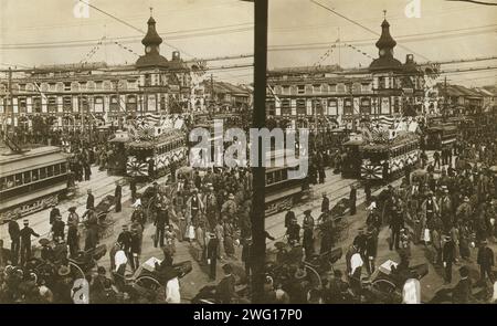 Crowds on a Tokyo street, near the train station(?), during the celebration of Admiral Togo's visit in Oct., 1905, c1905. Stock Photo