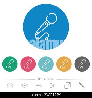 hand microphone with cord outline flat white icons on round color backgrounds. 6 bonus icons included. Stock Vector