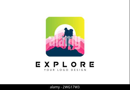 Adventure and Exploring Logo Design Concept, Hiker hiking logo design with mountain peaks Vector Illustration. Stock Vector