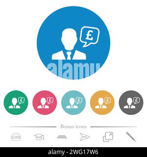 English Pound financial advisor flat white icons on round color backgrounds. 6 bonus icons included. Stock Vector
