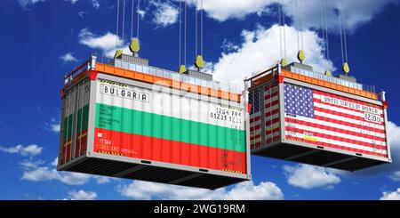 Shipping containers with flags of Bulgaria and USA - 3D illustration Stock Photo