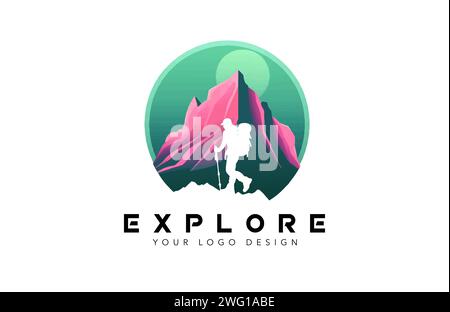 Adventure and Exploring Logo Design Concept, Hiker hiking logo design with mountain peaks Vector Illustration. Stock Vector