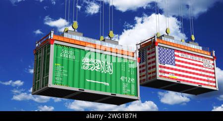 Shipping containers with flags of Saudi Arabia and USA - 3D illustration Stock Photo
