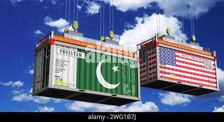 Shipping containers with flags of Pakistan and USA - 3D illustration Stock Photo