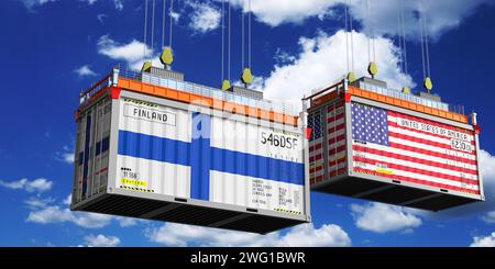 Shipping containers with flags of Finland and USA - 3D illustration Stock Photo