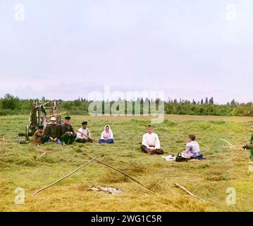 Peasants haying [Russian Empire], 1909. Farm workers taking a break during haymaking. Stock Photo
