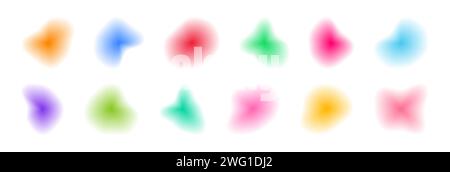 Gradient blur blob shapes. Colored figures with a smooth gradation from bright to transparent. Pack of isolated vector elements on a white background. Stock Vector