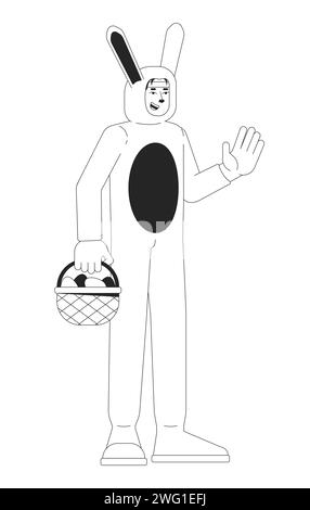 Korean man in Easter bunny costume black and white 2D line cartoon character Stock Vector