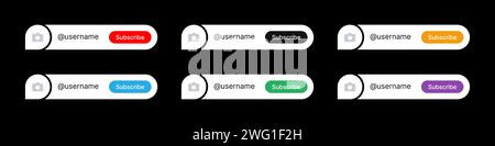 Lower third bar for social media. Template with a button with space for an icon or photo and text. Used for channels, blogs and TV. Pack of vector designs on a black background. Stock Vector