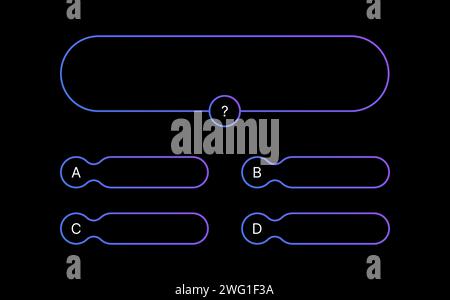 Quiz test game template. Multiple choice questions. Used in answer shows on TV and social media. Vector gradient design on black background. Stock Vector