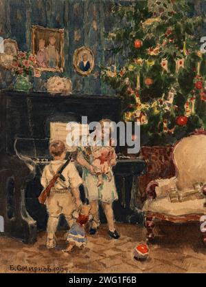 Christmas Tree in the House of Wealthy Residents of Irkutsk, 1904. Boris Vasilievich Smirnov (1881-1954) was a Russian artist who in 1904 traveled by prisoner transport from western Russia across Siberia. Along the way he created a series of drawings and watercolors of the people and places he encountered. Novosibirsk State Museum of Regional History and Folklife Stock Photo