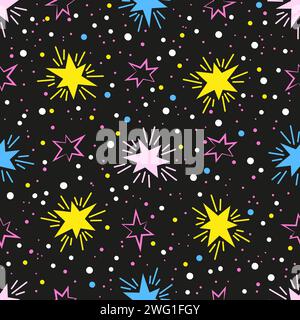 Hand drawn vector seamless pattern of shiny neon stars on black night sky. Stylized outer space in neon pink and purple colors on a black background Stock Vector