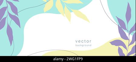 This image features an abstract, pastel-colored vector illustration with stylized leaves and flowing curved shapes on a light background, suitable for Stock Vector
