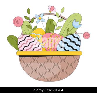 Wildflowers Easter eggs wicker basket 2D linear cartoon object Stock Vector