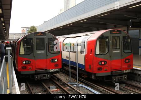 London Stratford Jubilee Line Terminus with London Underground Units 96009 and 96103 in the platforms on 20th September 2023 Stock Photo