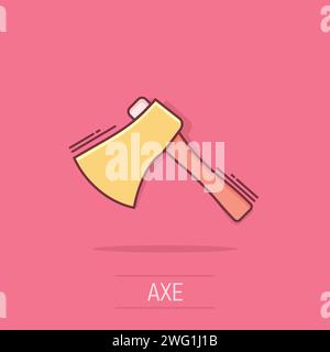 Axe icon in comic style. Lumberjack cartoon vector illustration on white isolated background. Blade splash effect business concept. Stock Vector