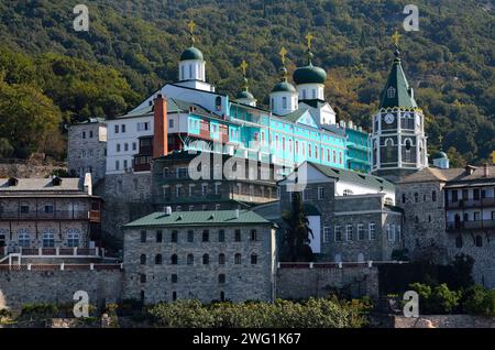 The view of Saint Panteleimon Monastery, Mount Athos, Greece Stock Photo