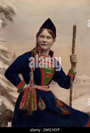 Woman in Sami costume, 1870-1898. Studio photography, hand-coloured. Inga &#xc5;ren, Fr&#xe5;stviken, Lapland Stock Photo