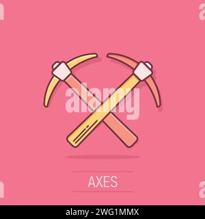 Axe icon in comic style. Lumberjack cartoon vector illustration on white isolated background. Blade splash effect business concept. Stock Vector