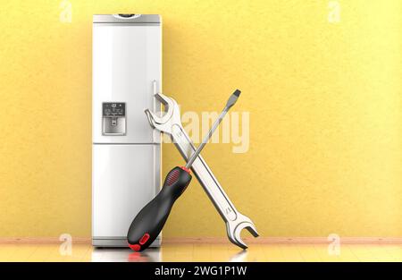 Refrigerator with screwdriver and wrench in interior. Repair and service of fridge concept. 3D rendering Stock Photo