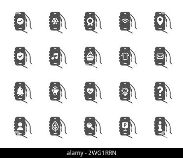 Hand Holding Phone icons. Music sound, Sms or Mail Message, Wifi internet. Vector Stock Vector