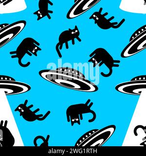 UFO abducting cat pattern seamless. Aliens steals cats background. Stock Vector
