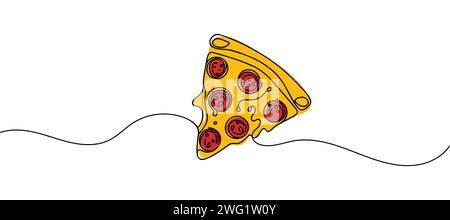 One continuous line drawing of a piece of pizza. Vector illustration. Stock Vector